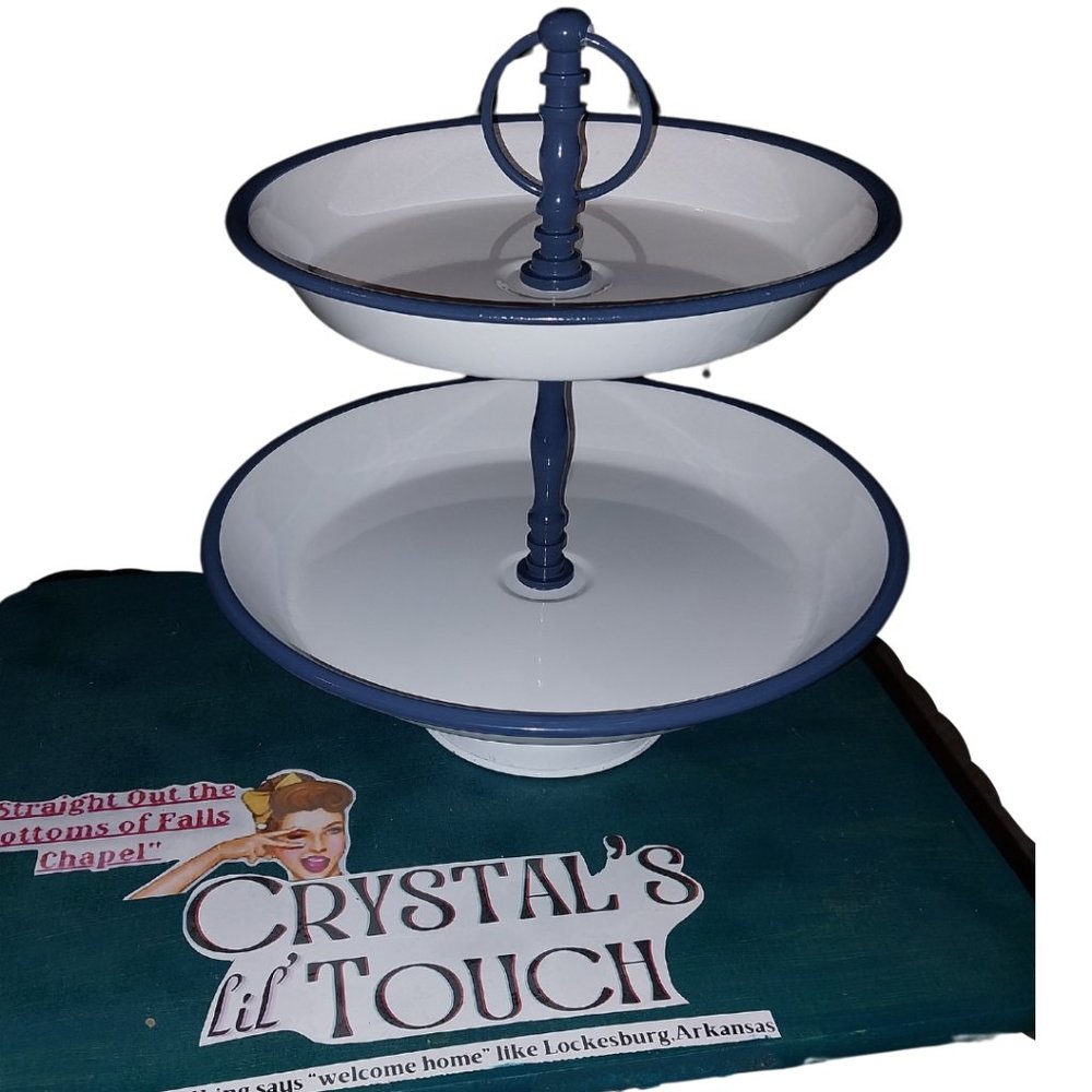 NWT Decorative 2-Tier Enameled Metal Tray with Distressed Finish & Handle